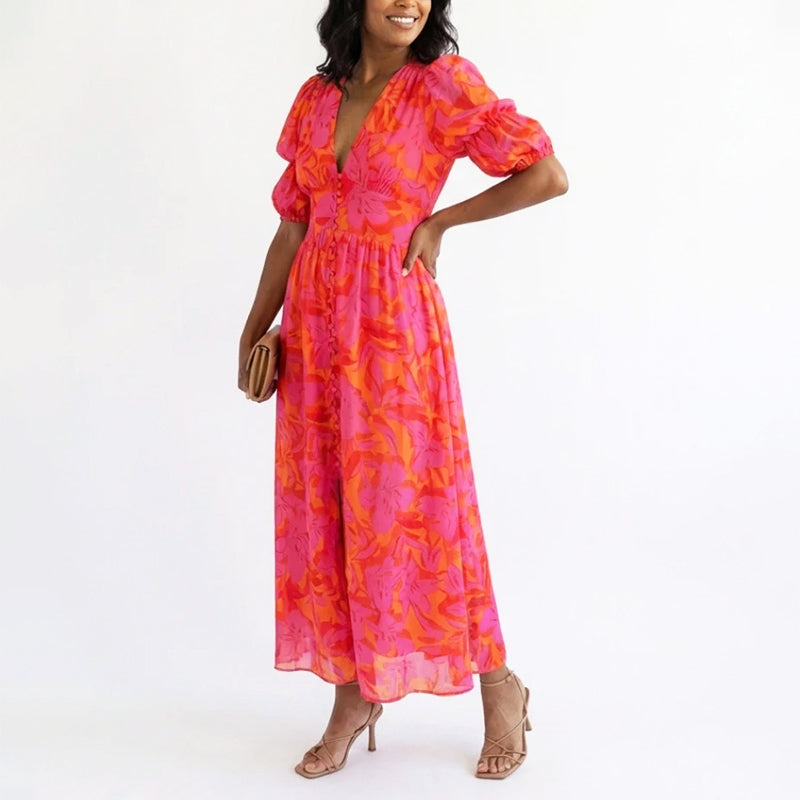 Brooke - Women’s Puff Sleeve Floral Flowing Midi Dress