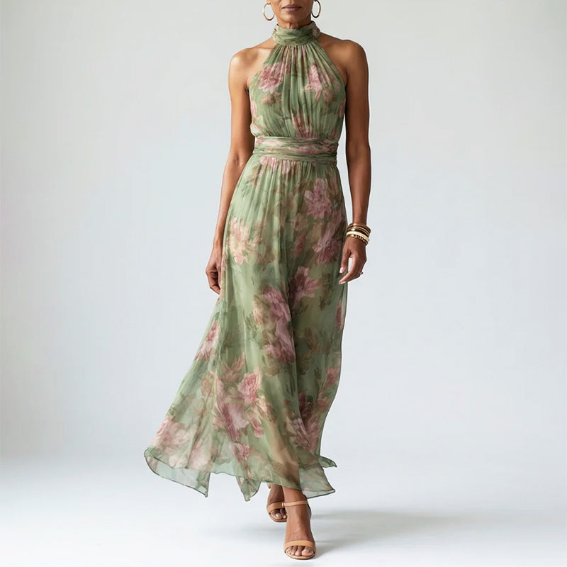Clara - Women's Gathered Halter Floral Maxi Dress