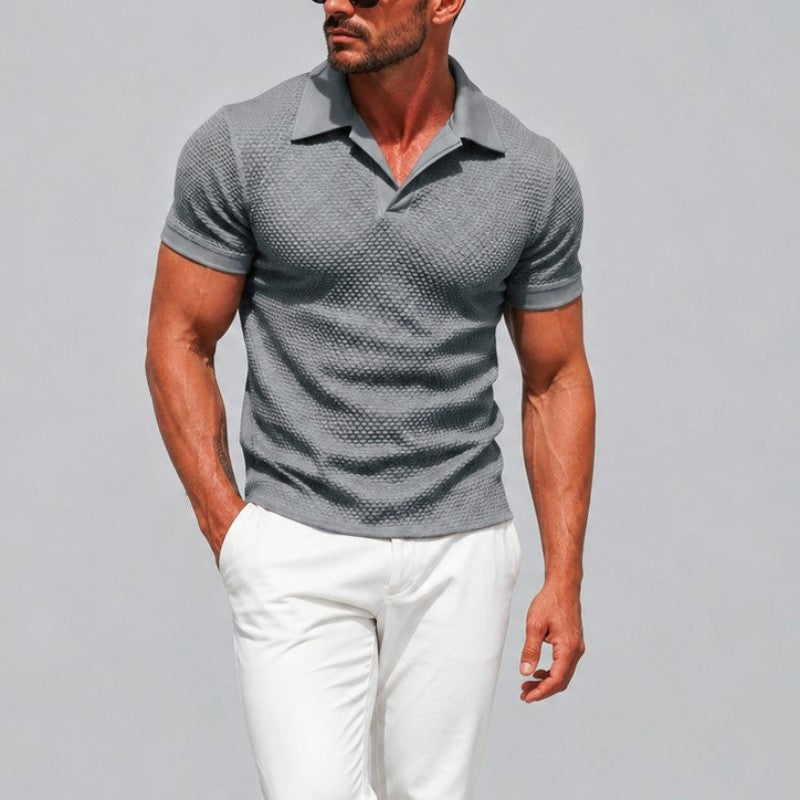 Liam - Men's Textured Knit Open Collar Polo Shirt