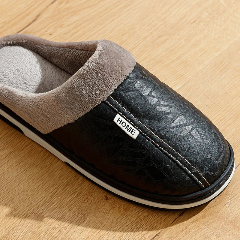 Men’s Faux Leather Indoor Slippers with Plush Lining