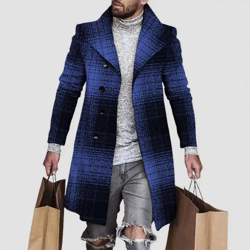 Men’s Long Plaid Coat with Notched Lapel and Button Closure
