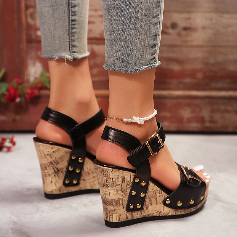 Valentina Rossi Studded Wedge Sandals with Buckle