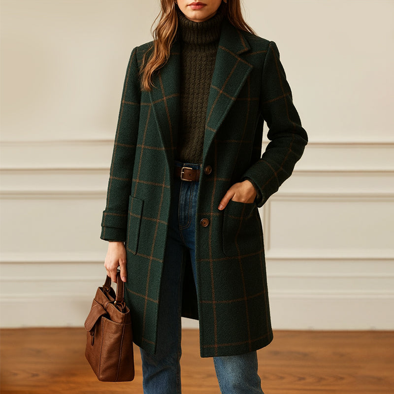 Women’s Checked Trench-Style Coat with Button Closure