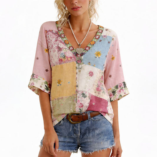 Angela - Women's Patchwork Floral V-Neck Blouse