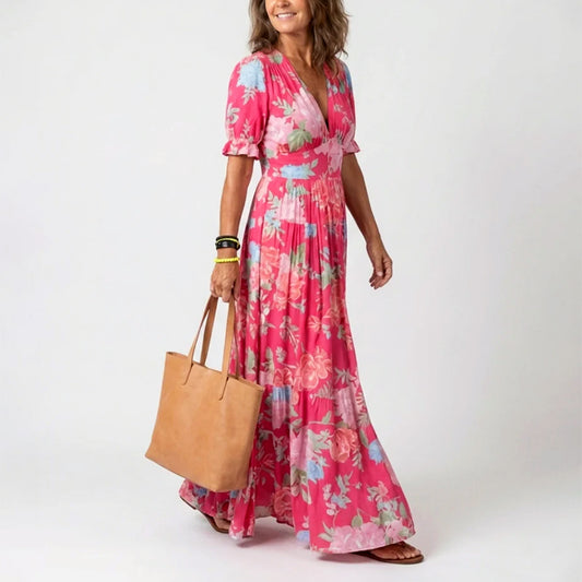 Ayla - Women's Pleated Floral Short Sleeve Maxi Dress