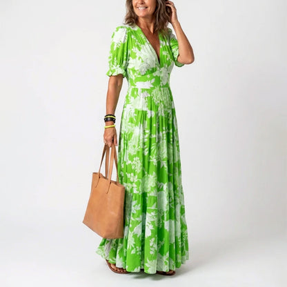 Ayla - Women's Pleated Floral Short Sleeve Maxi Dress