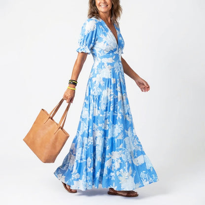 Ayla - Women's Pleated Floral Short Sleeve Maxi Dress