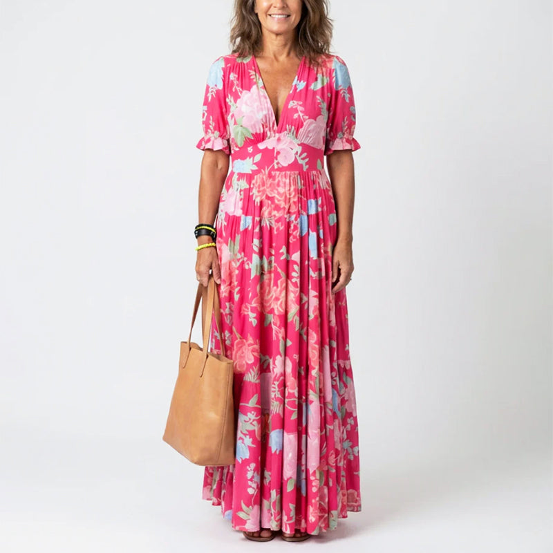 Ayla - Women's Pleated Floral Short Sleeve Maxi Dress