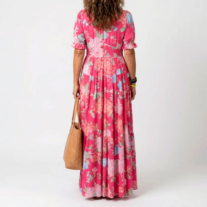 Ayla - Women's Pleated Floral Short Sleeve Maxi Dress