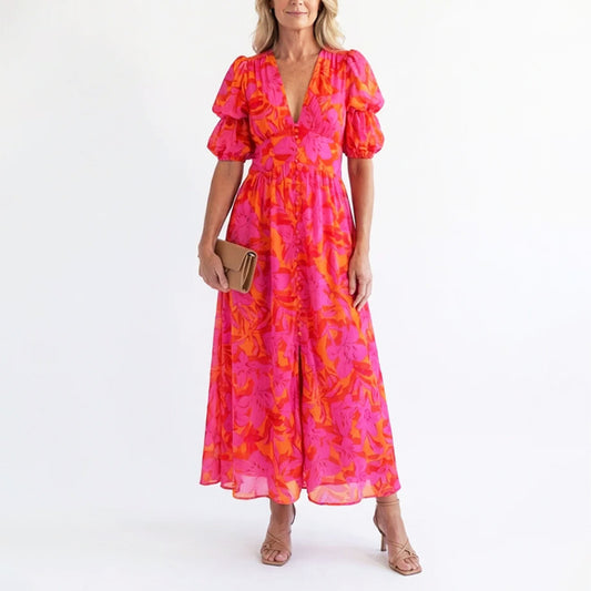 Brooke - Women’s Puff Sleeve Floral Flowing Midi Dress