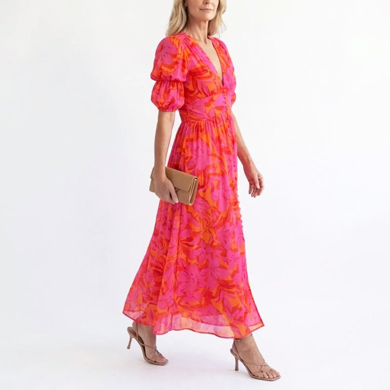 Brooke - Women’s Puff Sleeve Floral Flowing Midi Dress