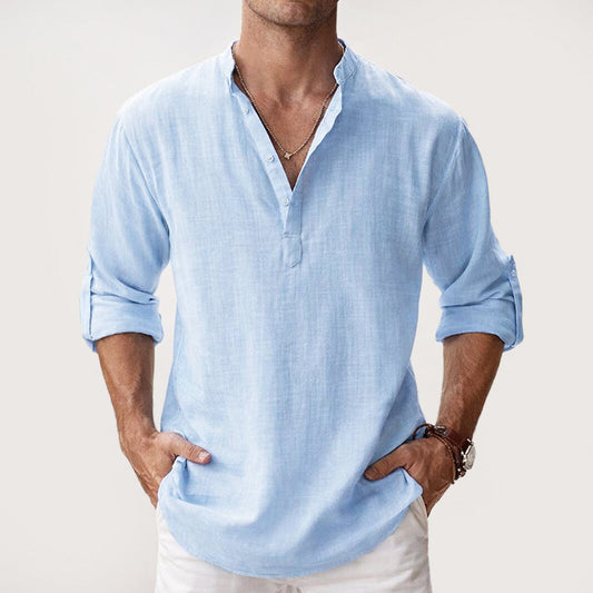 Caleb - Men's Long Sleeve Henley Shirt with Roll-Up Sleeves