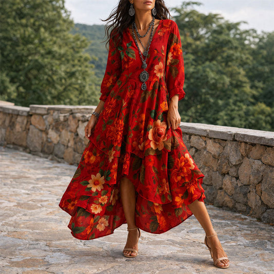 Chloe - Women's Boho Floral Dress with Layered Skirt