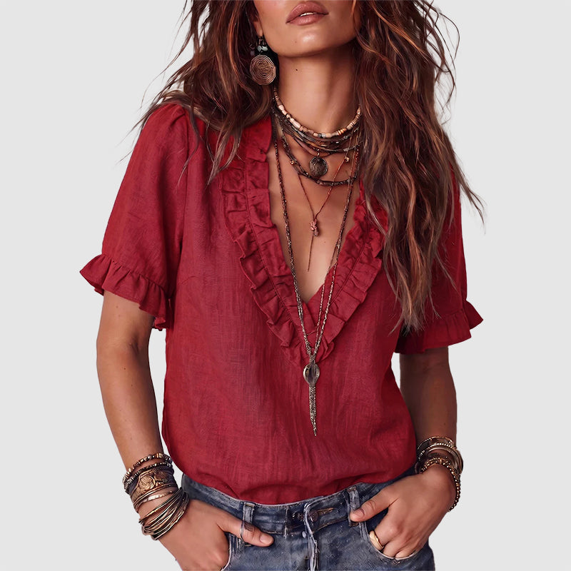 Chloe - Women's Linen Ruffle Blouse