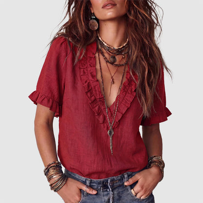 Chloe - Women's Linen Ruffle Blouse