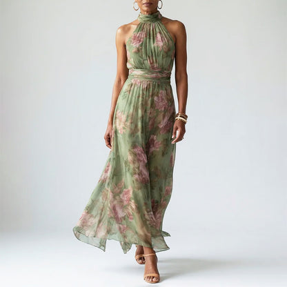 Clara - Women's Gathered Halter Floral Maxi Dress