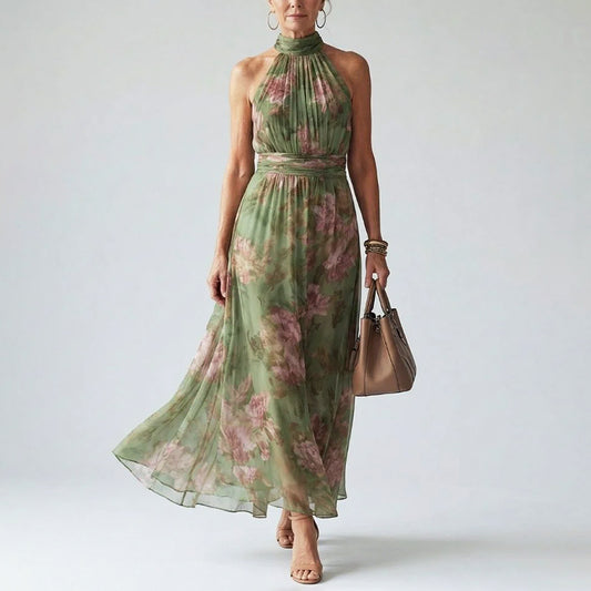 Clara - Women's Gathered Halter Floral Maxi Dress