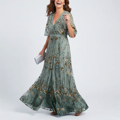 Daphne - Women’s Sheer Floral V-Neck Evening Dress