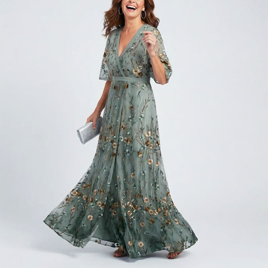 Daphne - Women’s Sheer Floral V-Neck Evening Dress