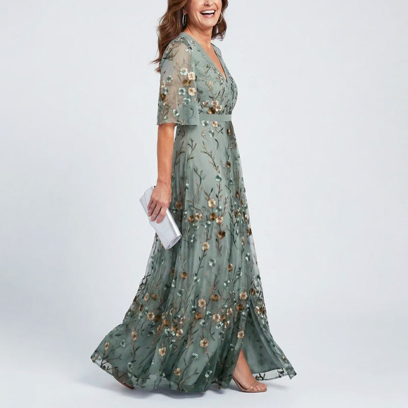 Daphne - Women’s Sheer Floral V-Neck Evening Dress