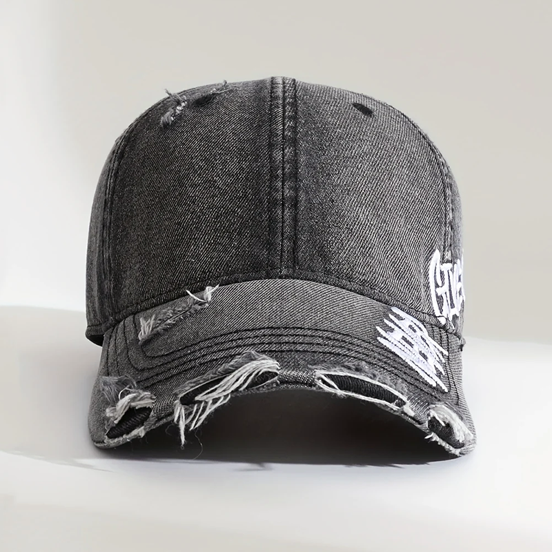 Distressed Denim Baseball Cap with Never Give Up Embroidery
