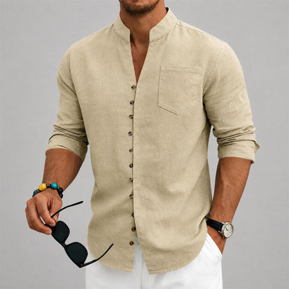 Dustin - Men's Mandarin Collar Button-Up Linen Shirt