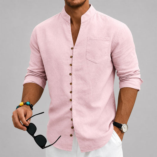 Dustin - Men's Mandarin Collar Button-Up Linen Shirt