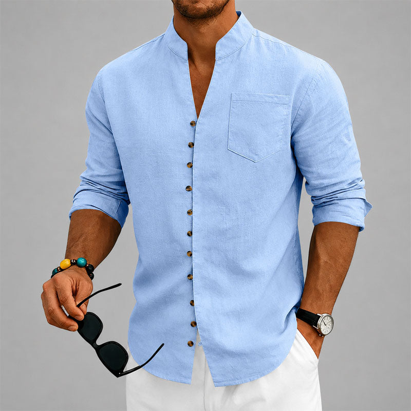 Dustin - Men's Mandarin Collar Button-Up Linen Shirt