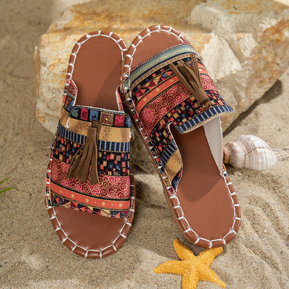 Elise Leroy Boho Slide Sandals with Tassels