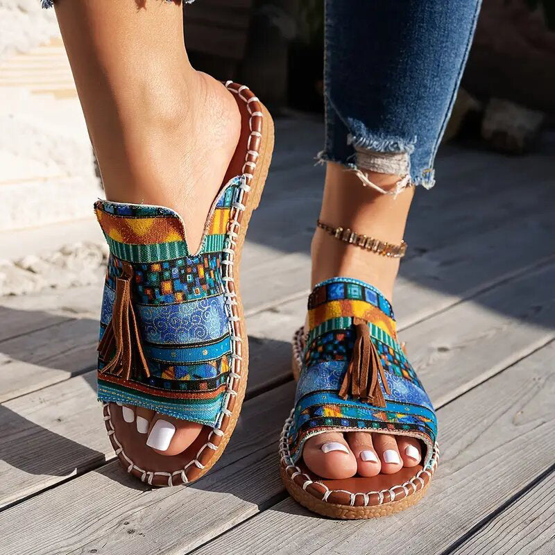 Elise Leroy Boho Slide Sandals with Tassels