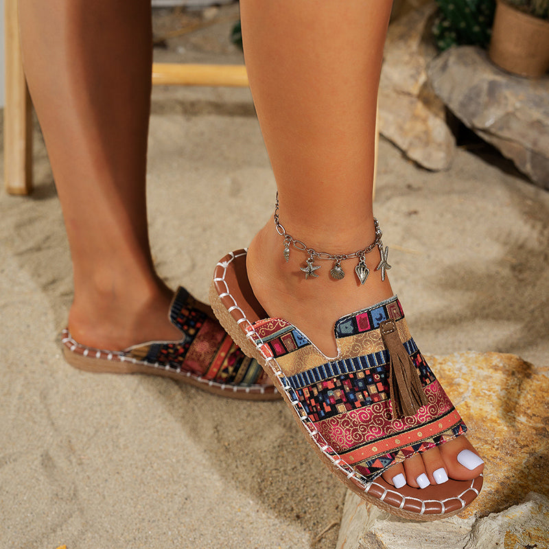Elise Leroy Boho Slide Sandals with Tassels
