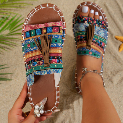 Elise Leroy Boho Slide Sandals with Tassels
