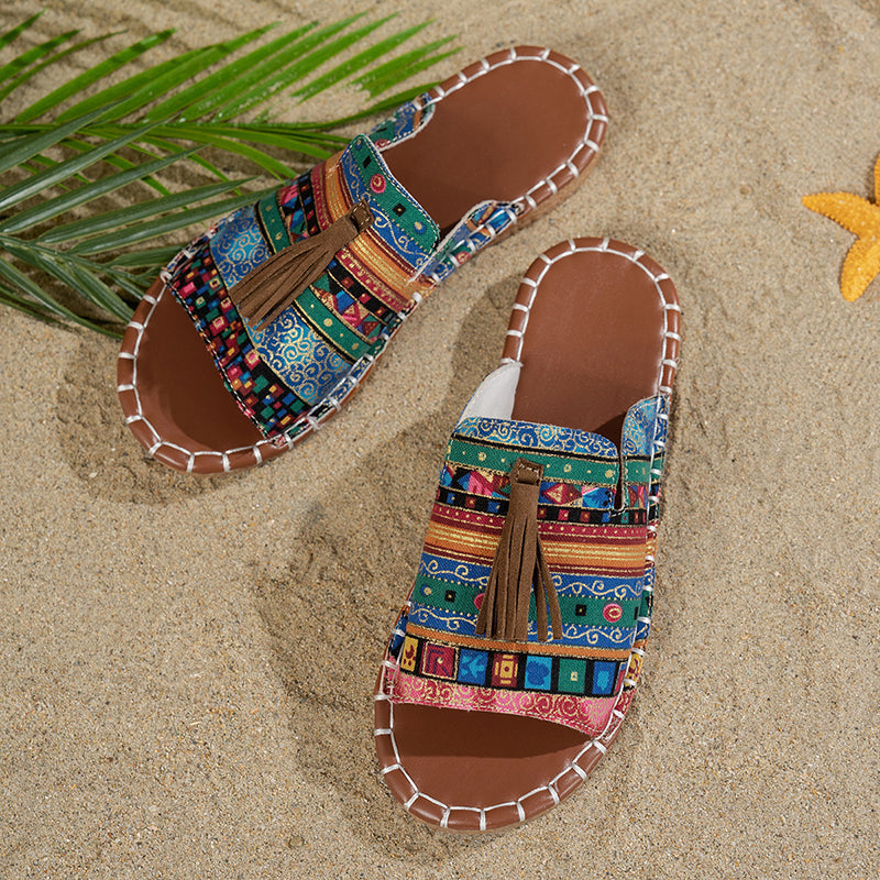 Elise Leroy Boho Slide Sandals with Tassels