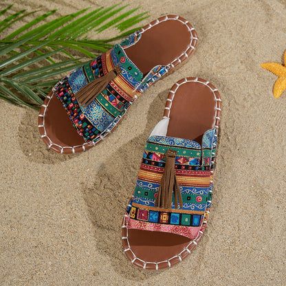 Elise Leroy Boho Slide Sandals with Tassels