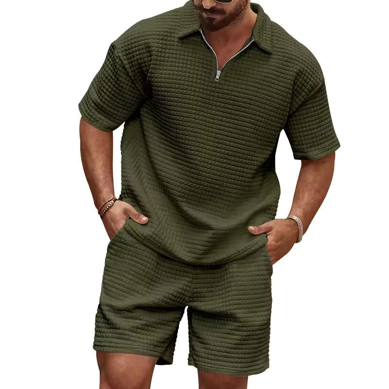 Ethan - Men's Waffle Knit Polo T-Shirt and Shorts Set