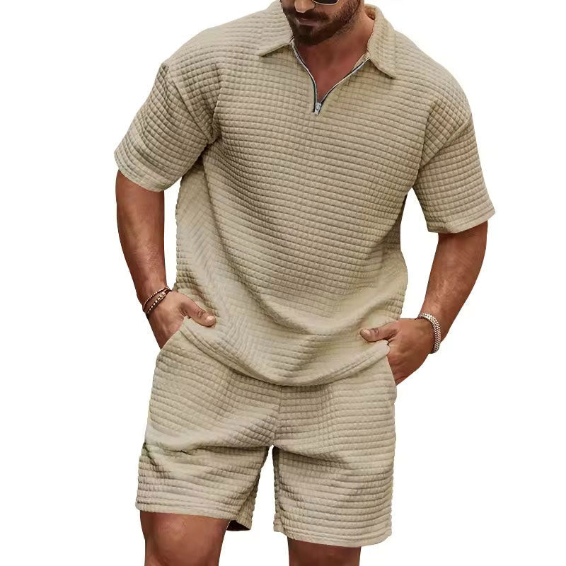 Ethan - Men's Waffle Knit Polo T-Shirt and Shorts Set