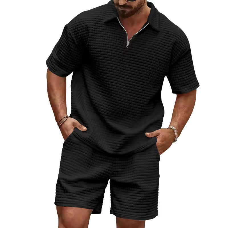 Ethan - Men's Waffle Knit Polo T-Shirt and Shorts Set