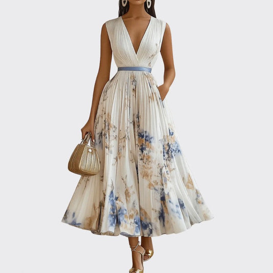 Hannah - Women's Pleated Midi Dress with Floral Print