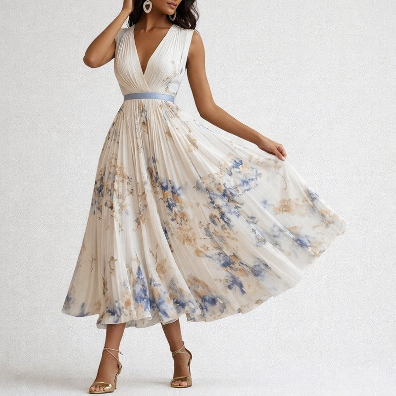 Hannah - Women's Pleated Midi Dress with Floral Print