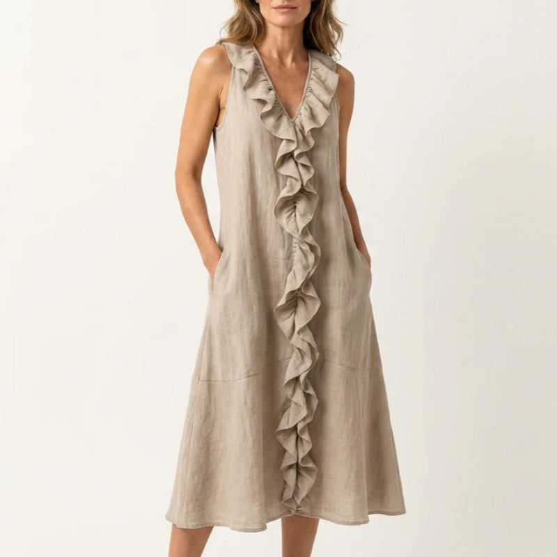Hazel - Women's Bohemian Linen Midi Dress