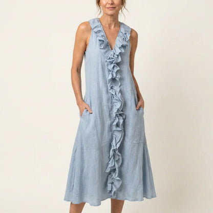 Hazel - Women's Bohemian Linen Midi Dress