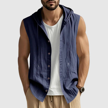 John - Men's Sleeveless Hooded Button-Up Vest Shirt