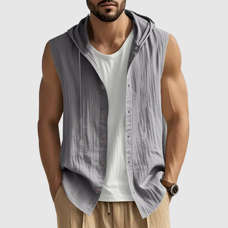 John - Men's Sleeveless Hooded Button-Up Vest Shirt
