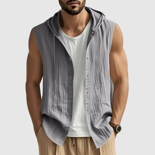 John - Men's Sleeveless Hooded Button-Up Vest Shirt