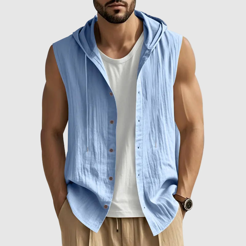 John - Men's Sleeveless Hooded Button-Up Vest Shirt