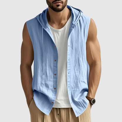 John - Men's Sleeveless Hooded Button-Up Vest Shirt