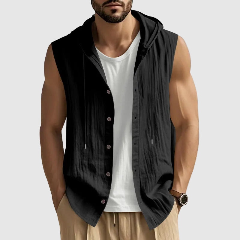 John - Men's Sleeveless Hooded Button-Up Vest Shirt