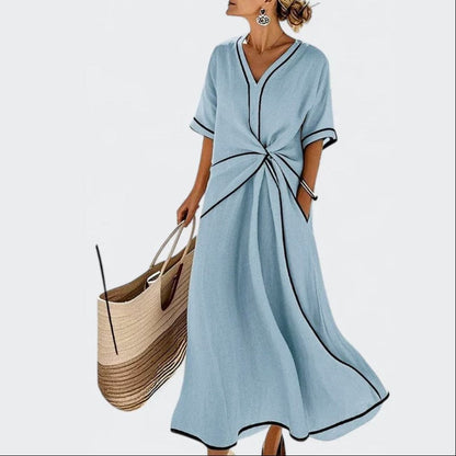 Lauren - Women's V-Neck Knot Front Midi Dress