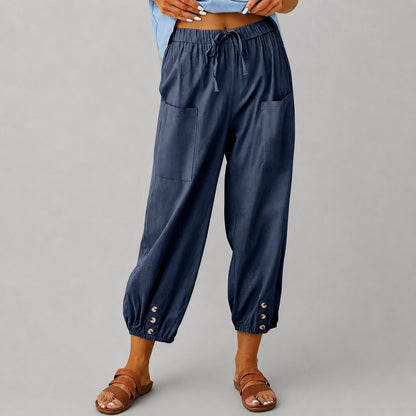 Margaret - Women's Drawstring Button Cuff Linen Pants