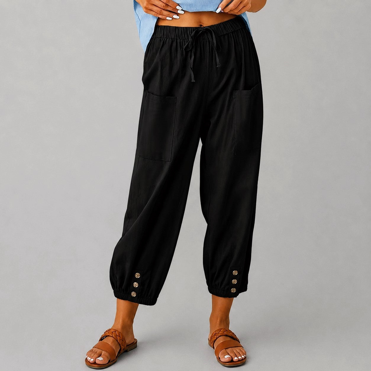 Margaret - Women's Drawstring Button Cuff Linen Pants